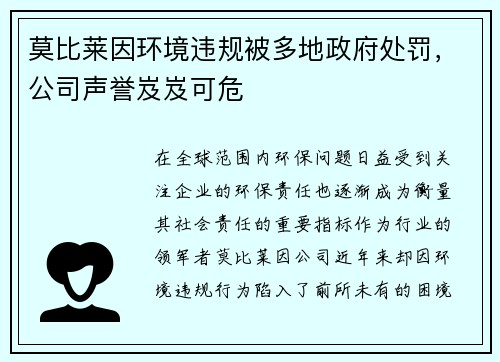 莫比莱因环境违规被多地政府处罚，公司声誉岌岌可危